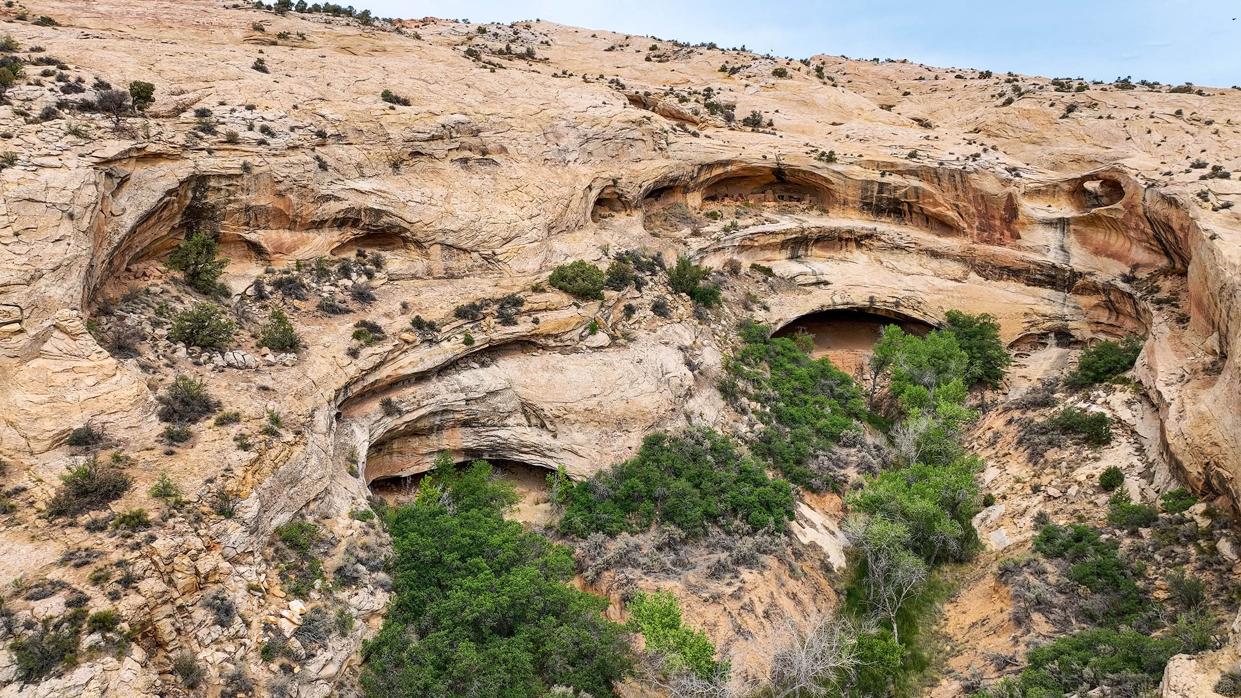 Birdseye view of rock canyon with green vegetation leading to an alcove with rock structures.